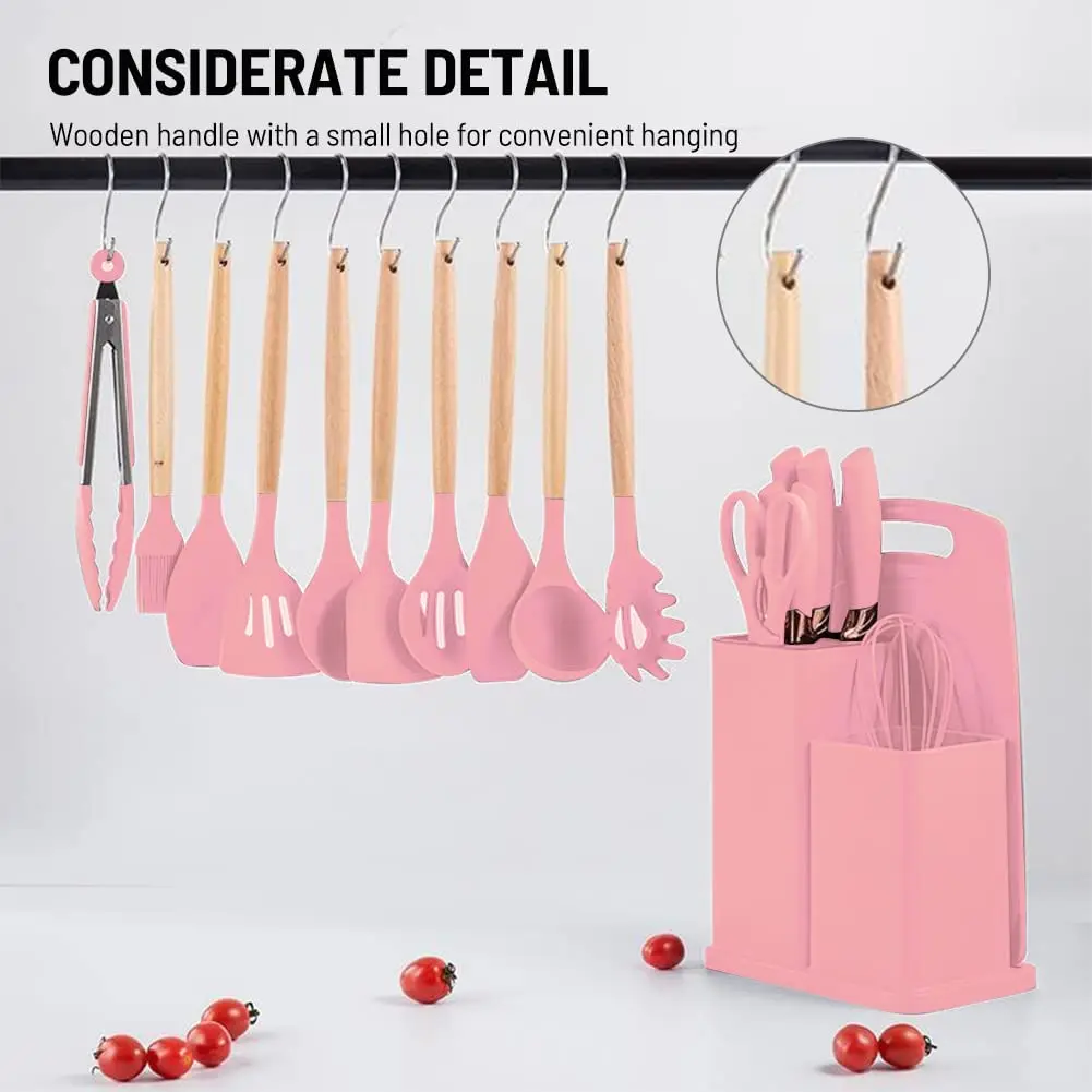 New design set of kitchen equipment accessories 19pcs pink silicone utensil kitchen knife with cutting board kitchen gadgets set