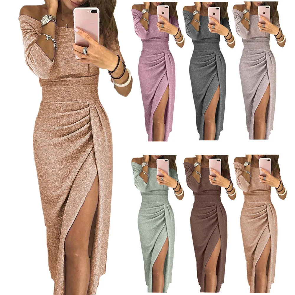 Women Off Shoulder Bodycon Dresses Long Sleeve Ruched Slit Glitter Ball Gown Cocktail Party Evening Maxi Dress