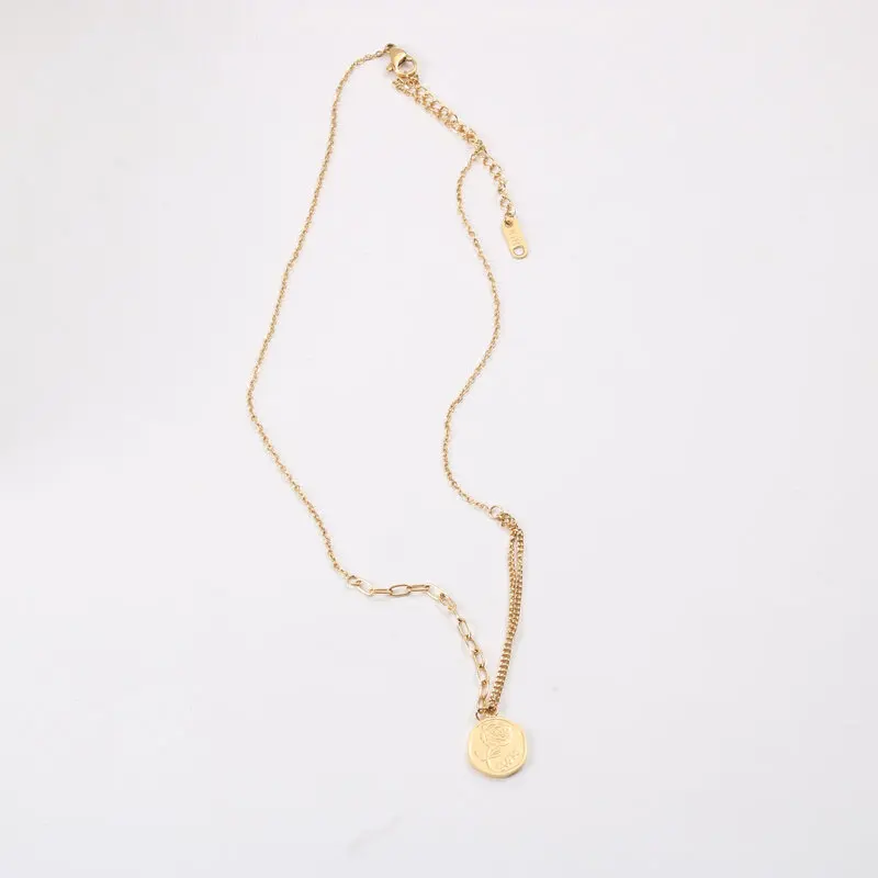 N1005 High End 18K Gold Plated No Fade Fashion Rose Flower Seal Pendant Pin Link Chain Stainless Steel Necklace