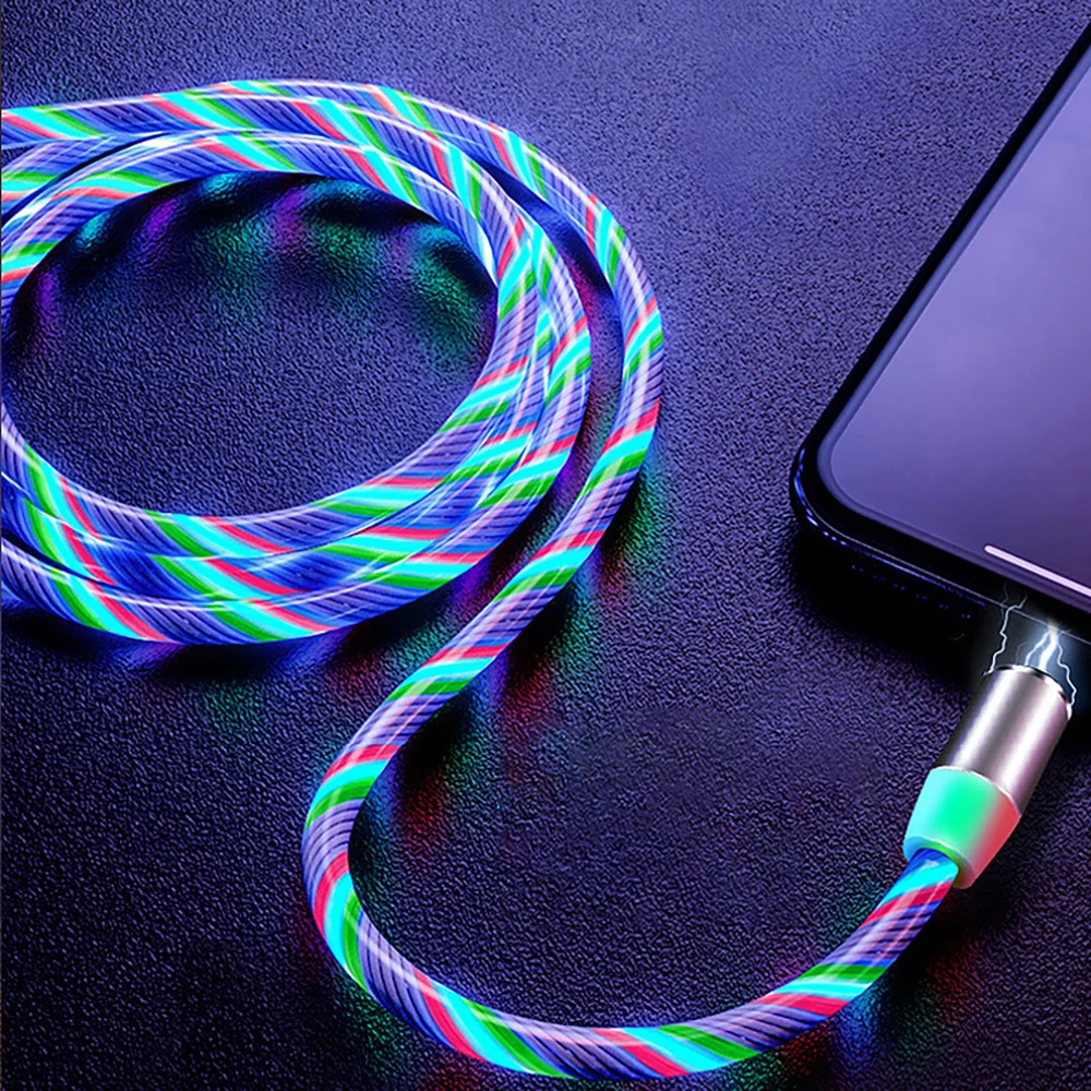 2020 New Trending LED Flowing Light Magnetic Charging Cable Cellphone Fast Charging Cord Micro USB Cable Charger Data Cable Line