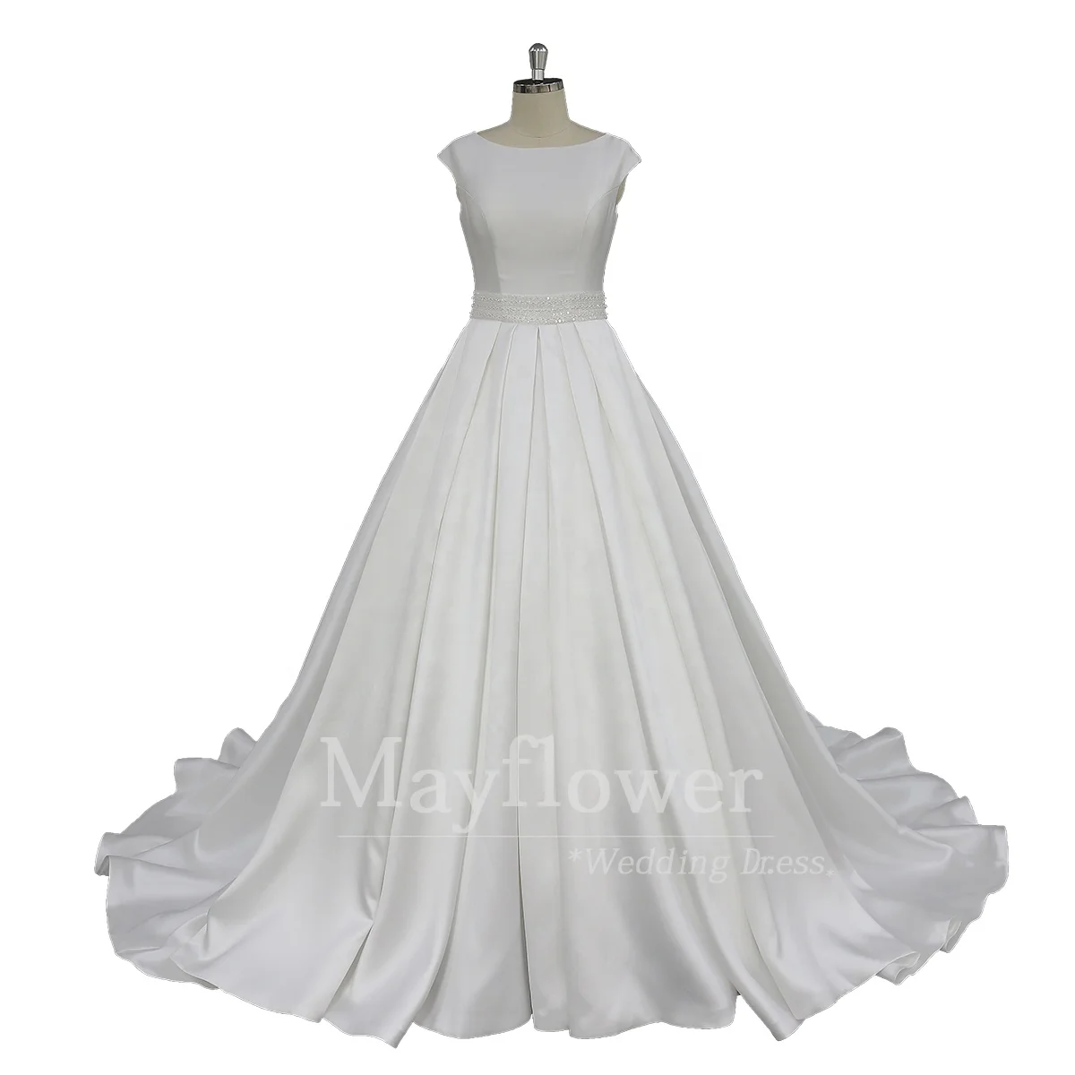 New puff Mikado Satin Custom Made boat neck A-Line with heavy beaded belt Wedding Dresses Bridal gowns