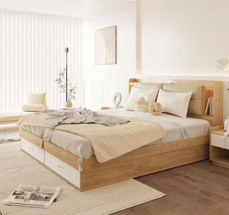 Kainice wholesale bedroom furniture usb charge mdf gas lift soild wooden bed with drawer king size storage box bed