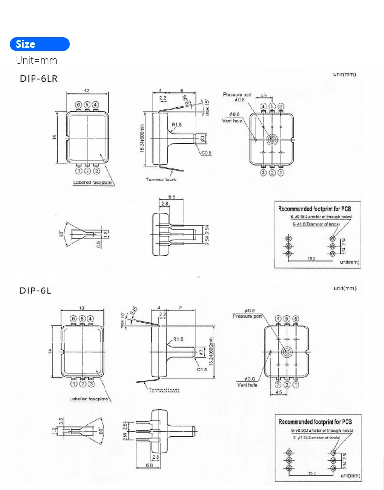 Air Pressure Sensor Module 500Pa~1MPa DIP-6 package Direct insertion Wheatstone bridge Frame micro differential pressure sensor