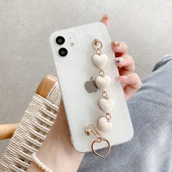Transparent Pearl Love Chain Wristband Case for IPhone 13 12 Pro Max Mini XR X XS 7 8 Plus 9 Cute Phone Cover Luxury Coque Funda