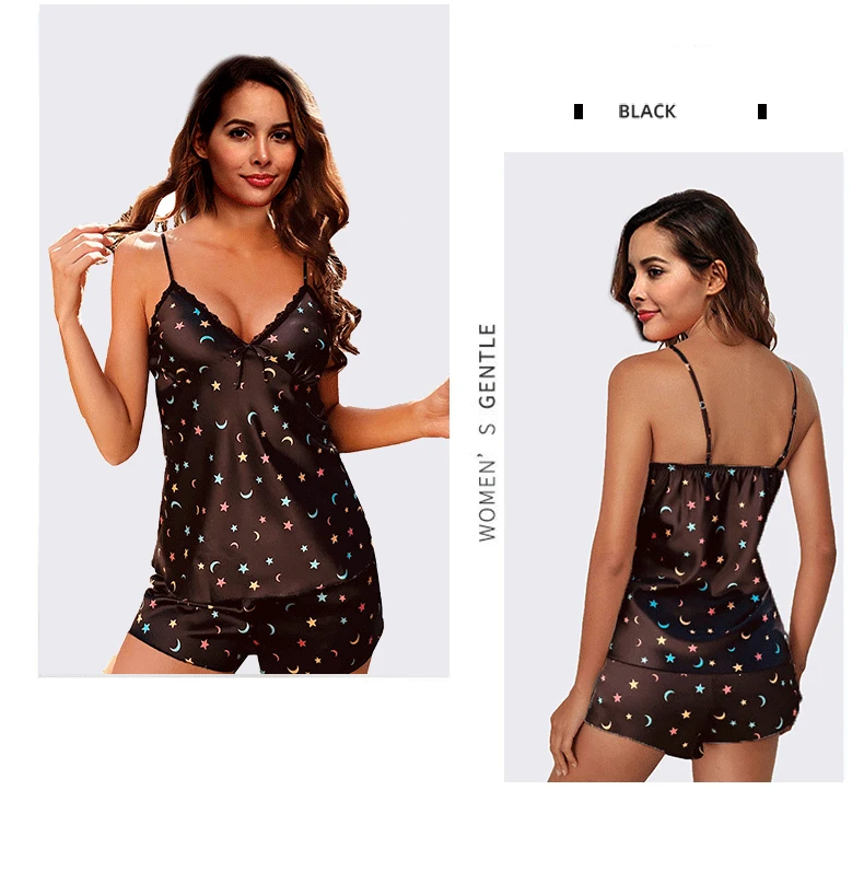 Thin satin pajama set halter shorts man-made silk pajama women silk sexy home wear