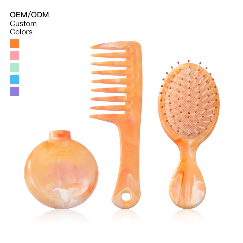 Wide Tooth Mini hair brush set With Grip Detangler Hairbrush For Wet Dry Hair Brush And Comb Set Insoluble masterbatch marbling