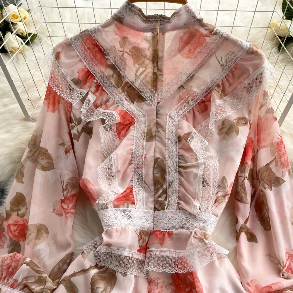 Wholesale Elegant Casual Dress Pleated Peplum Lace Printing Princess Dress Birthday Party Floral Womens Dresses