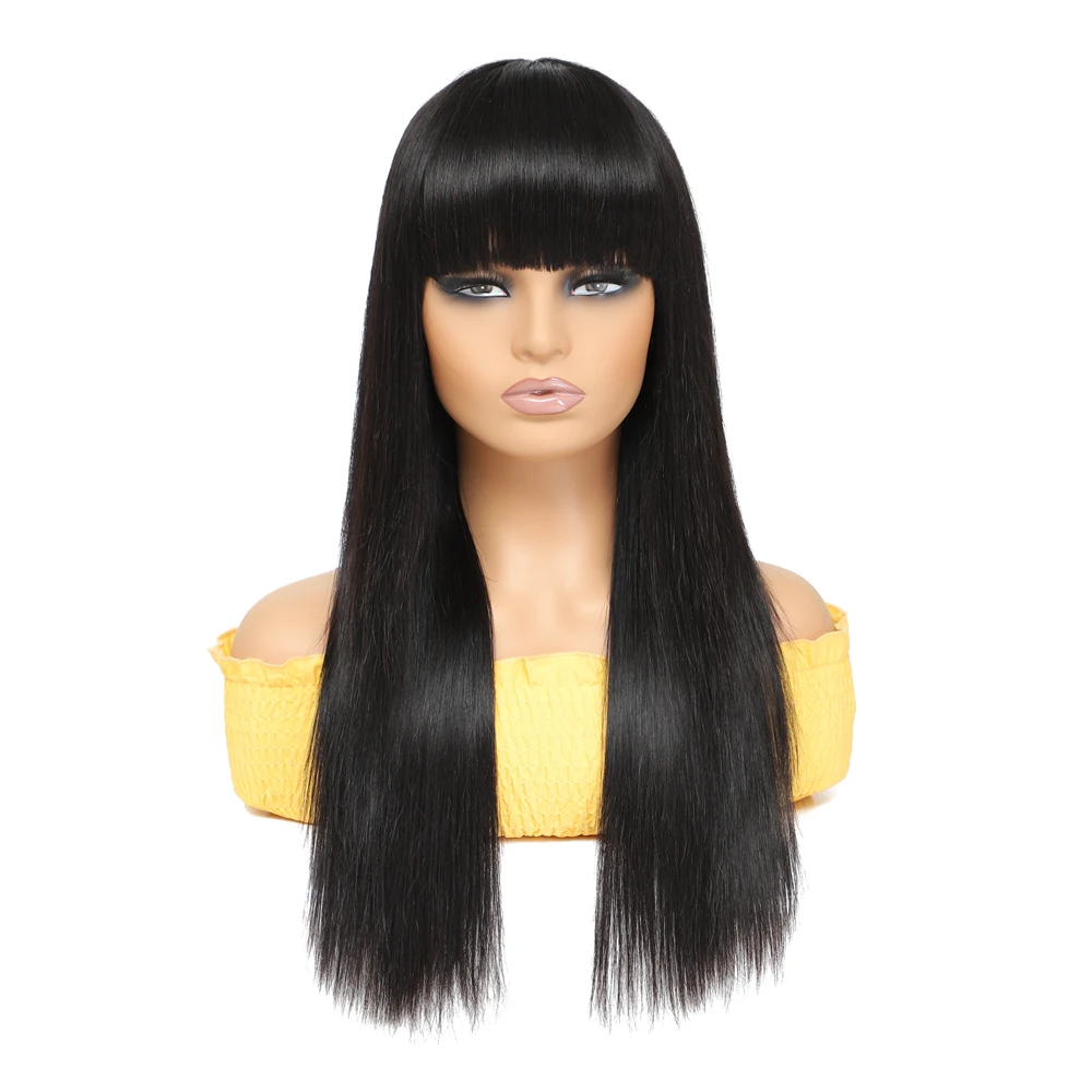Straight Human Hair Wig With Bangs 100% Human Hair Wigs Full Machine Made Wigs 210% Density  For Black Women