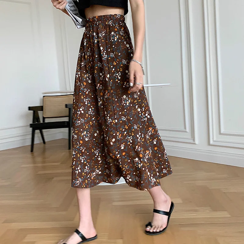 Boho Skirts Casual A-Line Long Pattern High-waist Wrap Tweed Skirt OEM/ODM Maxi Chiffon Printed Pleated Floral women Skirts