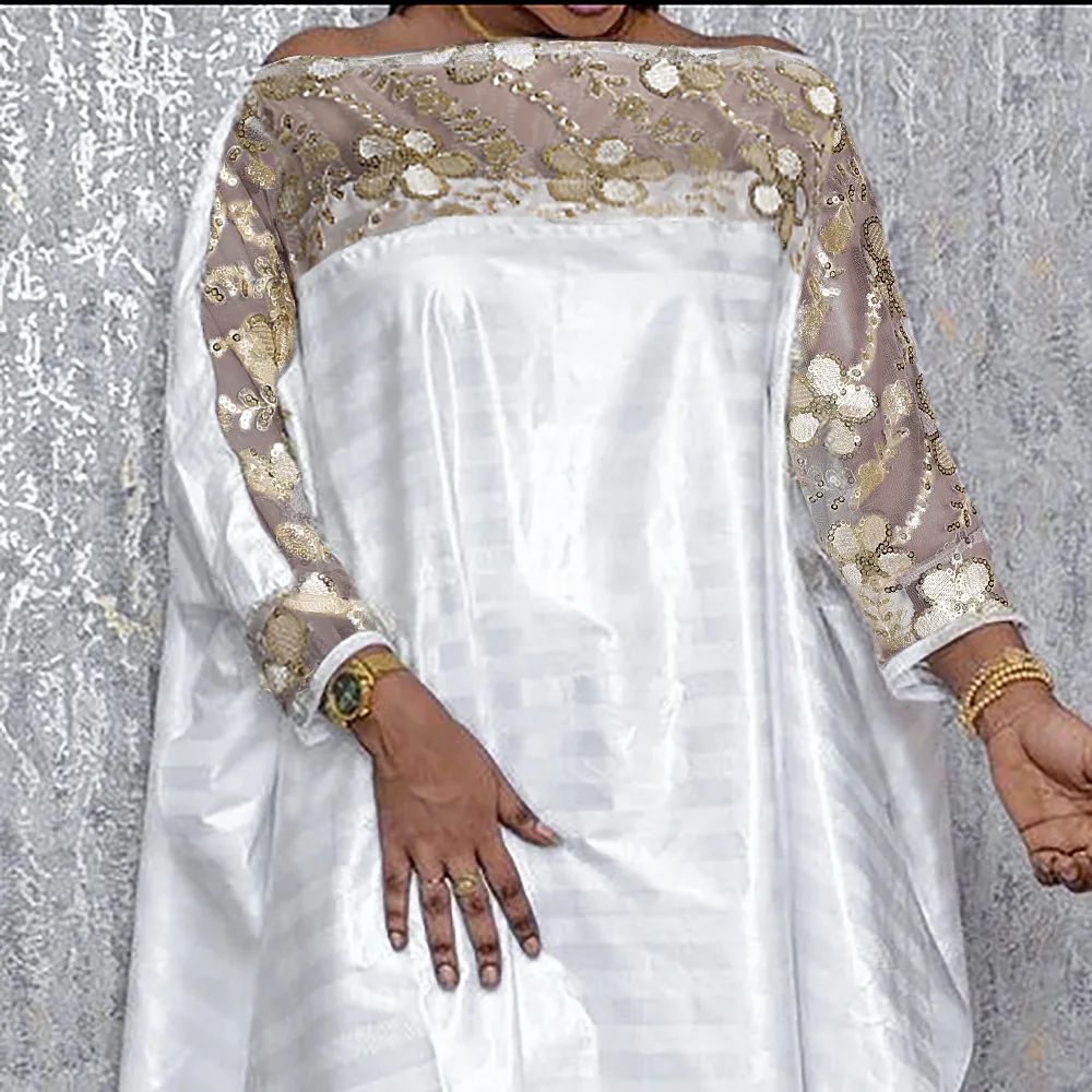 New Fashion Women Clothes Sequin Flower Pullover Long Dress Africa Muslim Long Robe Loose Lady Robe White Plus Size Casual Dress