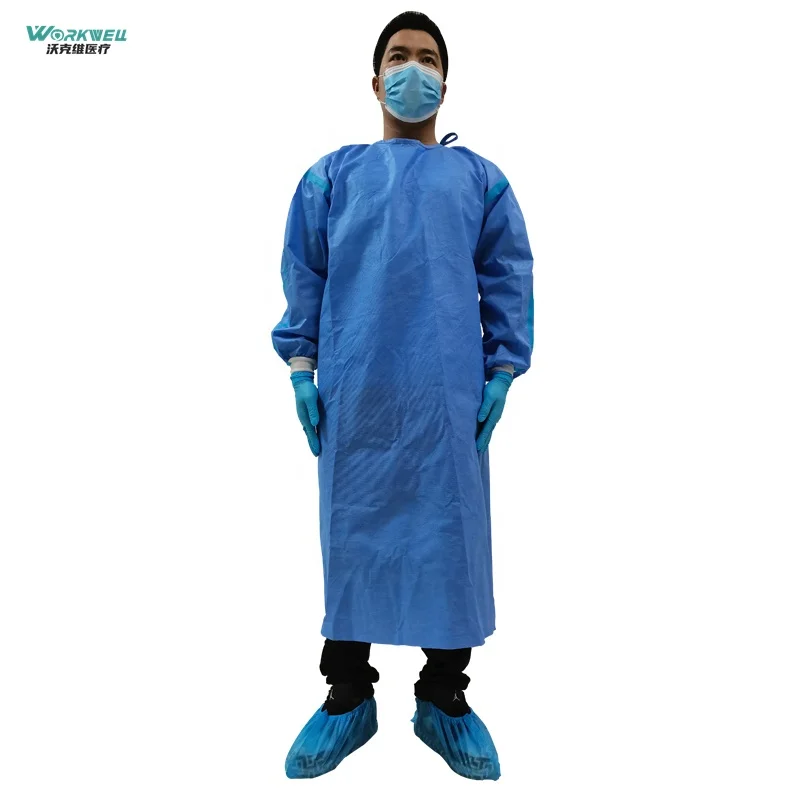 High quality EN14126 Disposable SMMS blue surgical gown 45g knitted cuff isolation gown used for Clinic Washable ASTM F1670