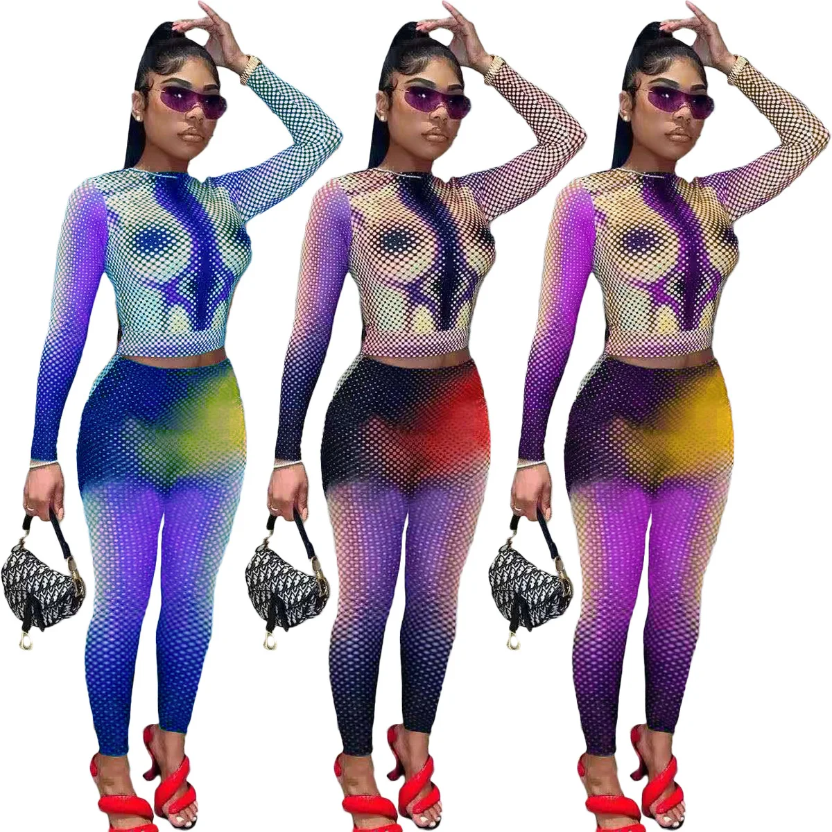 Sexy Tie Dye Two Piece Set Long Sleeve Crop Top Pencil Pants Women Y2k Clothing 2 Piece Set Leggings Matching Sets