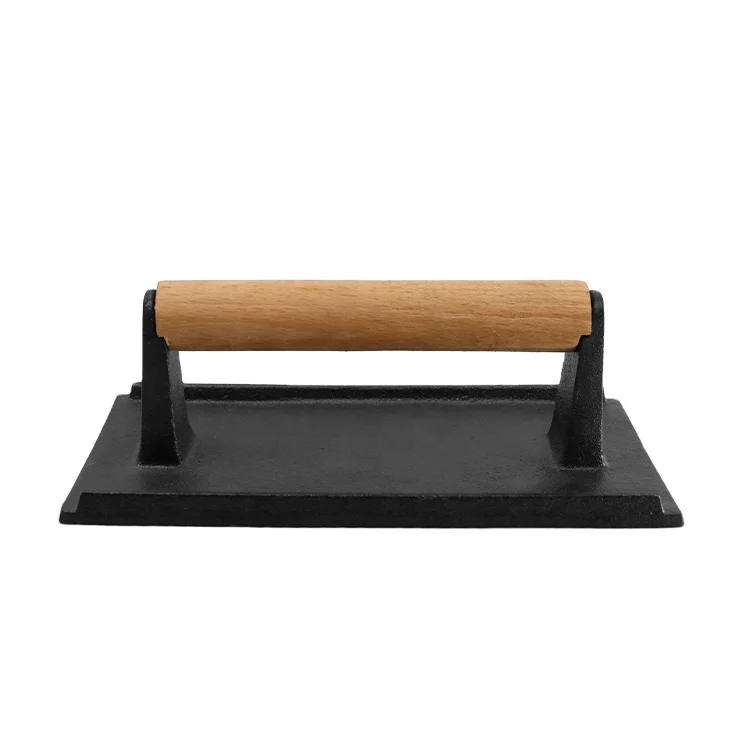 Hot Sell Customized 21CM Rectangular Shape Cookware BBQ Bacon Press Cast Iron Grill Press with Wooden Handle