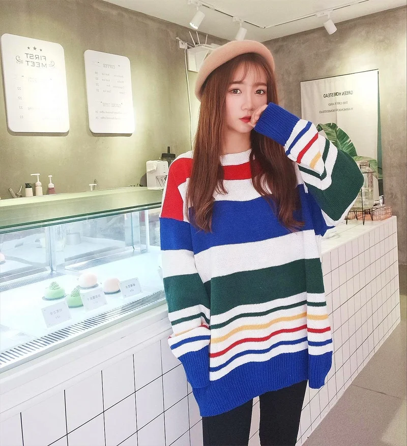 Rainbow Stripe Long sleeve European and American style sweater with Striped pattern and soft sweaters women