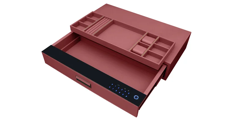 Luxury Tempered Panel Alloy Aluminum Handmade Leather Cabinet Fingerprint Smart Password Touch Lock Storage Safe Box Drawers