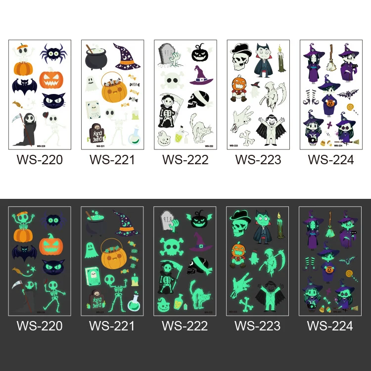 Eco-friendly Carton Style Halloween Party Face & Body Glow In The Dark Tattoo Sticker For Kids