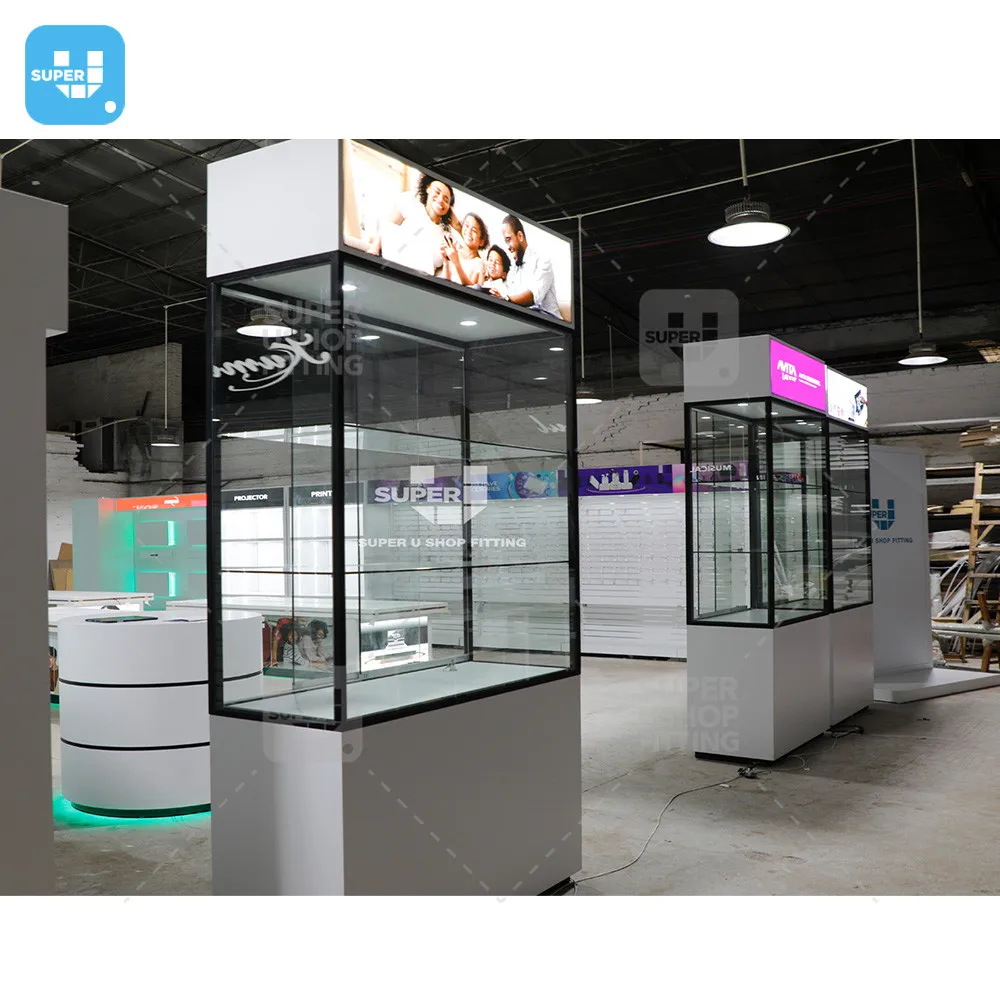 Factory Directly Custom Electronic Shop Furniture Lockable Cellphone Showcase Led Light Mobile Phone Glass Display Cabinet