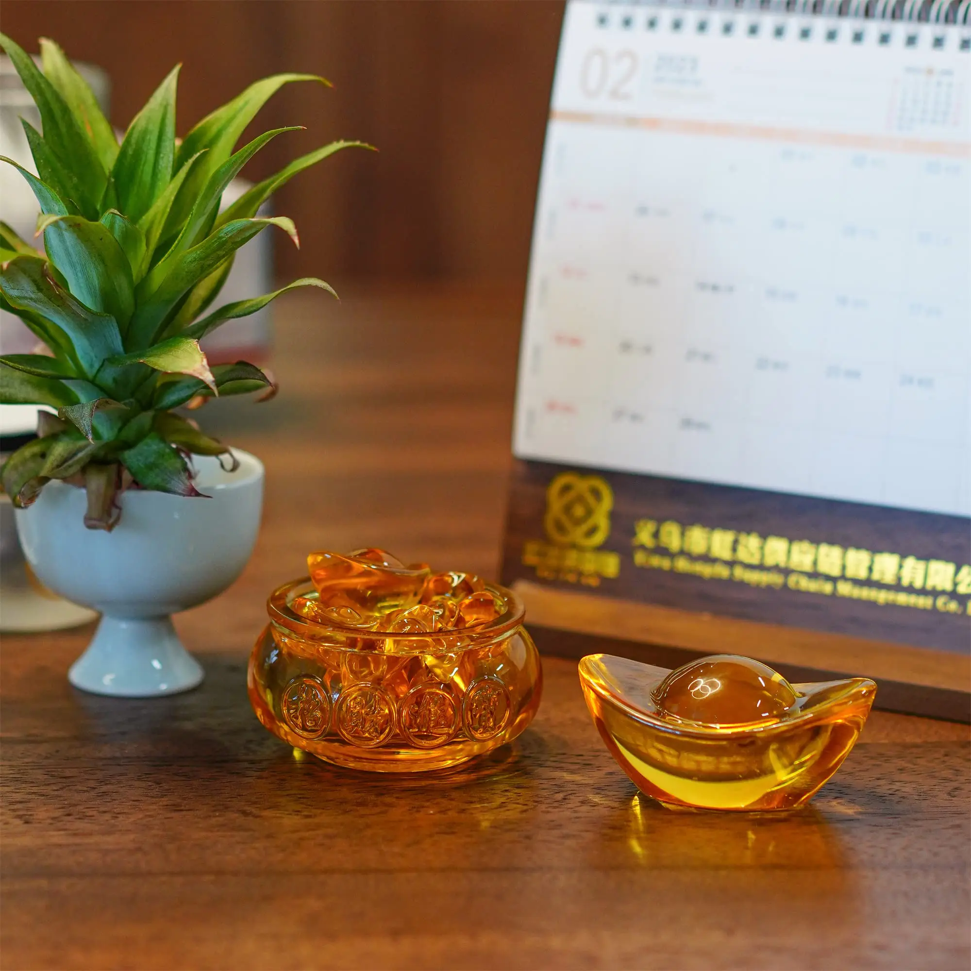 3' Handmade Crystal Glass Golden Treasure Basin with 41pcs Yuan Bao Good Luck Wealth Prosperity Collectibles Feng Shui Decor