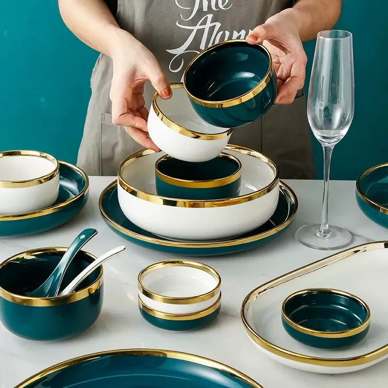  ZC Nordic INS creative luxury peacock green household porcelain tableware set ceramic plate dinnerware