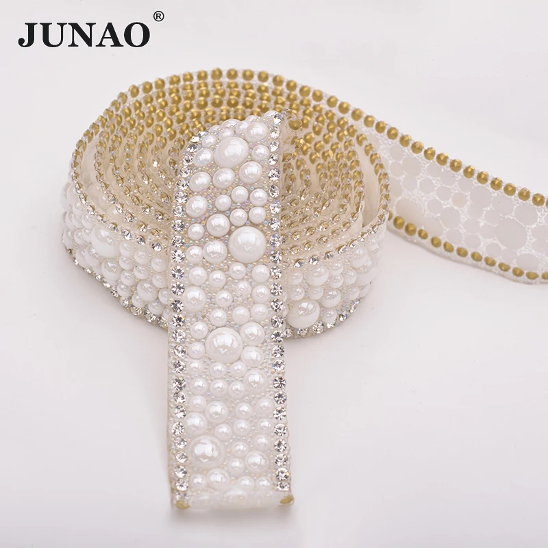 JUNAO 5 Yard*18mm White Pearl Rhinestone Trim Chain Hot Fix Crystal Strass Fabric Banding Pearl Tape Appliques