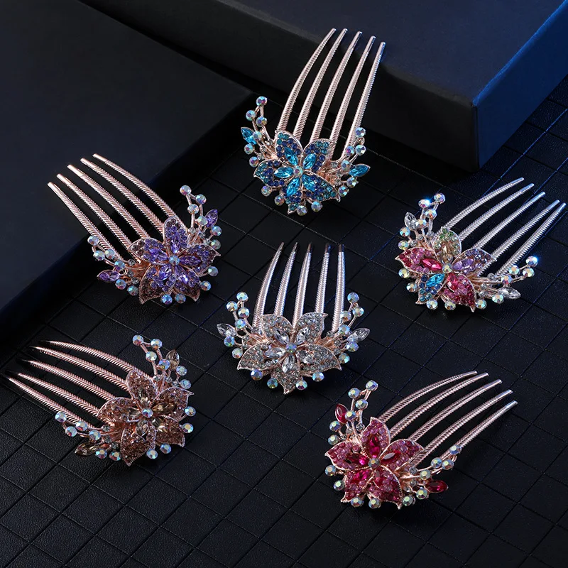 Factory Price Korean Five Tooth Clust Combs Flower Leaf Bridal Crystal Afro Comb Clip In Hair Bun Hair Accessories