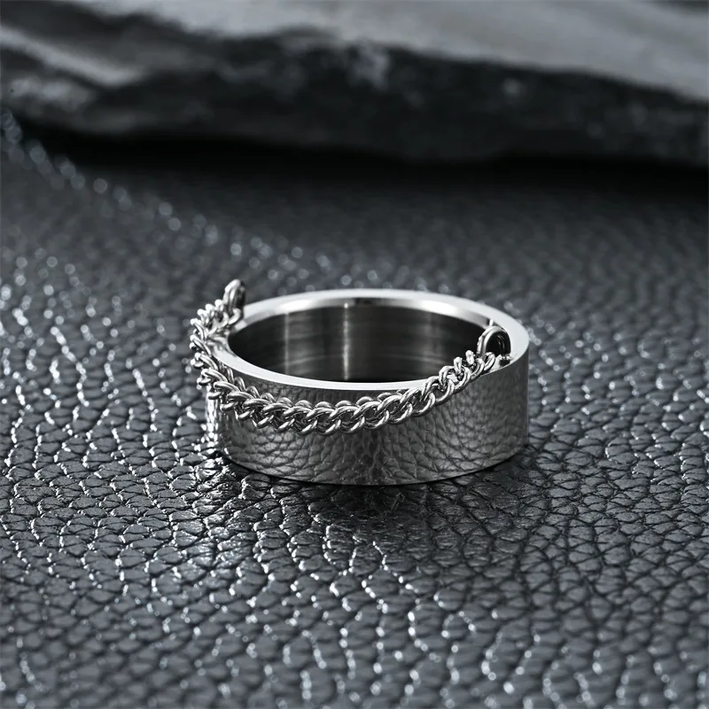 High Quality New Punk Style Wide Plain Blank Stainless Steel Silver Plated Finger Rings with Chain Links for Men Women