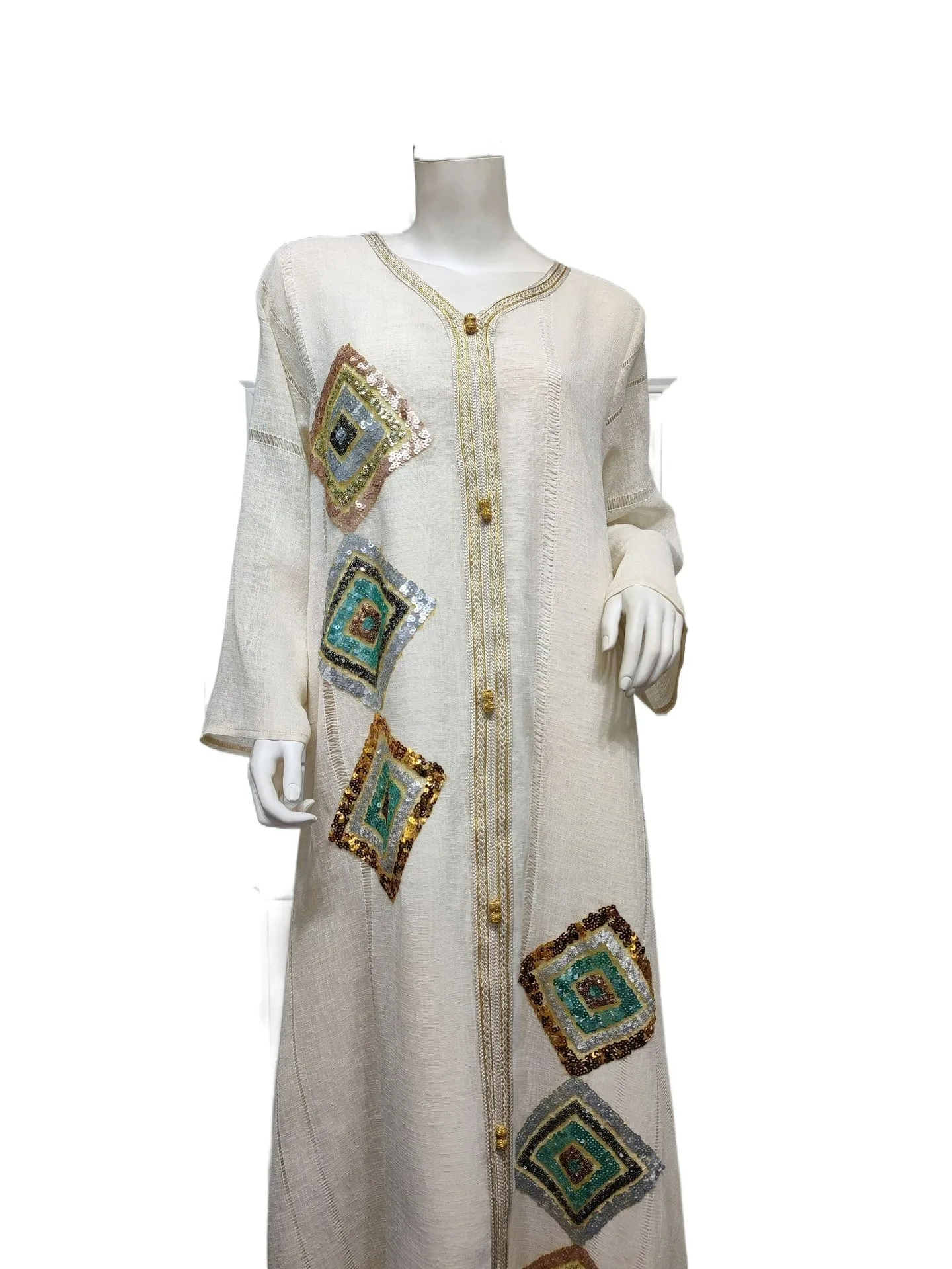 LYZAB185 Cotton Linen Four Side Sequin Embroidery Floral Skirt Skin Color Loose Elegant Abaya Muslim Fashion Gown Dress