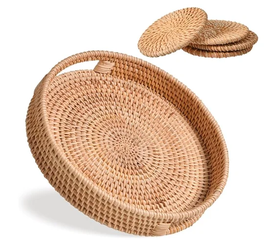 Stylish Large round Rattan Tray Portable Coffee Table Decor and Serving Tray Elegant Mats & Pads for Home Decor