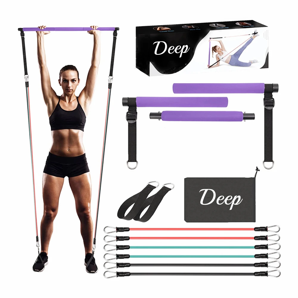 2023 New 3 Section Adjustable Pilates Bar Kit With 6 Resistance Bands /Pilates Bar Kit With Rubber Resistance Bands