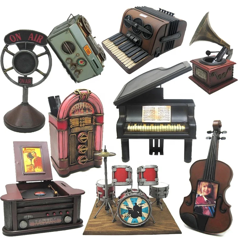 Custom Vintage Metal Decoration Music Model Accordion Disc Drum Gramophone Guitar Mike Piano Record Player Tape Recorder Decor