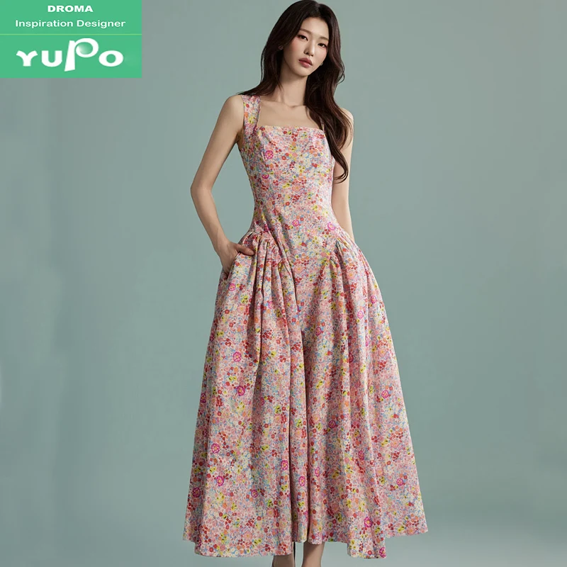 Droma 2024 summer Korean hot sale retro sweet printed floral royal style temperament slimming sling maxi dress elegant