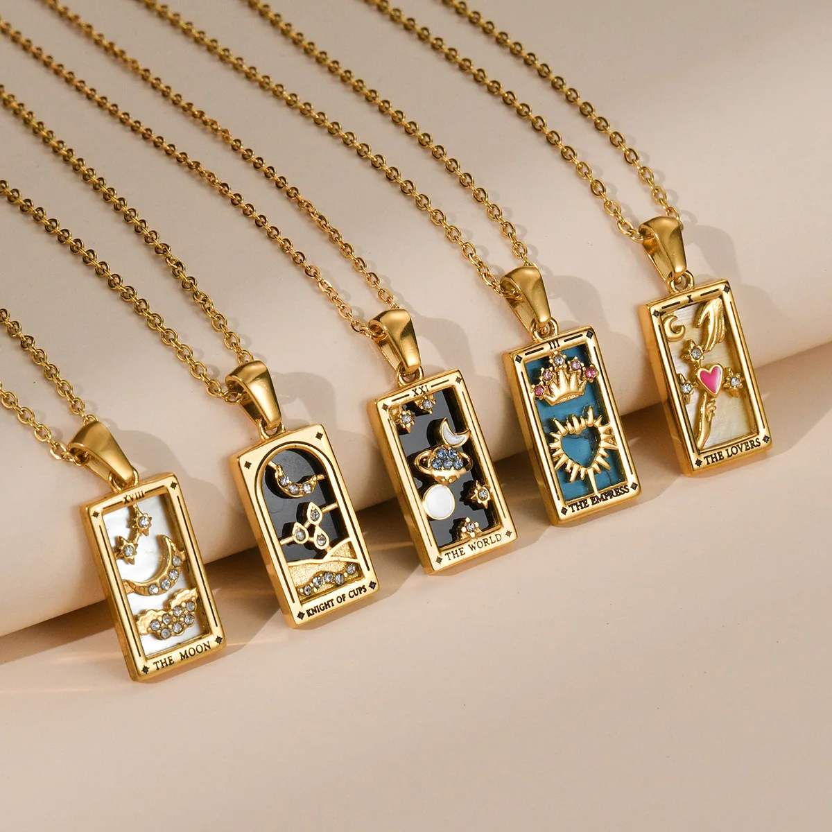 Stainless Steel Trendy Crystal Enamel Sun Moon Square Tags TAROT Pendant Necklace