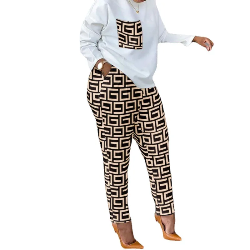 Spring Fashion Print Long Sleeve Plus Size Two Piece Pants Women Casual Fire Set