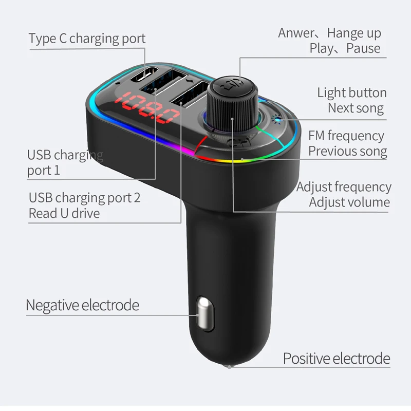 Factory Outlet Hot Selling Bluetooth FM Transmitter For Car Dual USB Charge 5V3.1A /1A  With Type C Charging Port