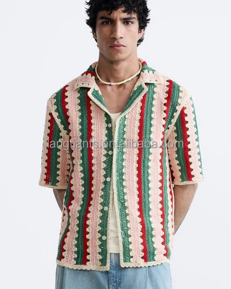Custom High Quality Striped Crochet Shirt Limited Edition Summer Short Sleeve V-Neck Breathable Knitted Crochet Shirt Men