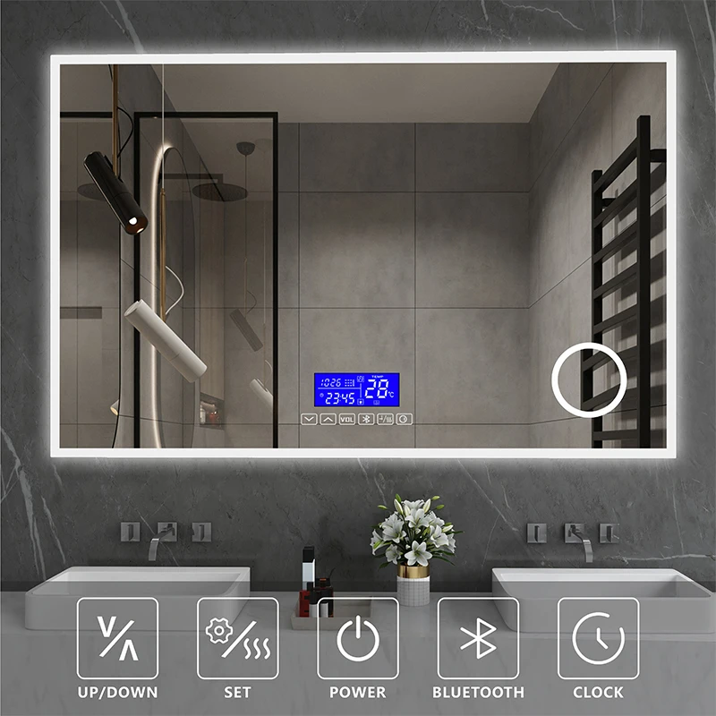 Wall mounted Foshan factory touch screen demist led backlit bathroom mirror light with blue tooth for hotel