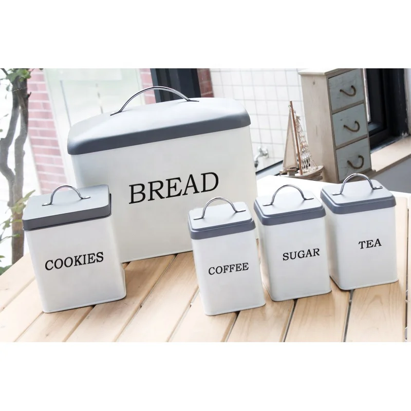 Metal Kitchen Food Storage Box 5pc Bread Bin And Tea Coffee Sugar Biscuit Canister Sets