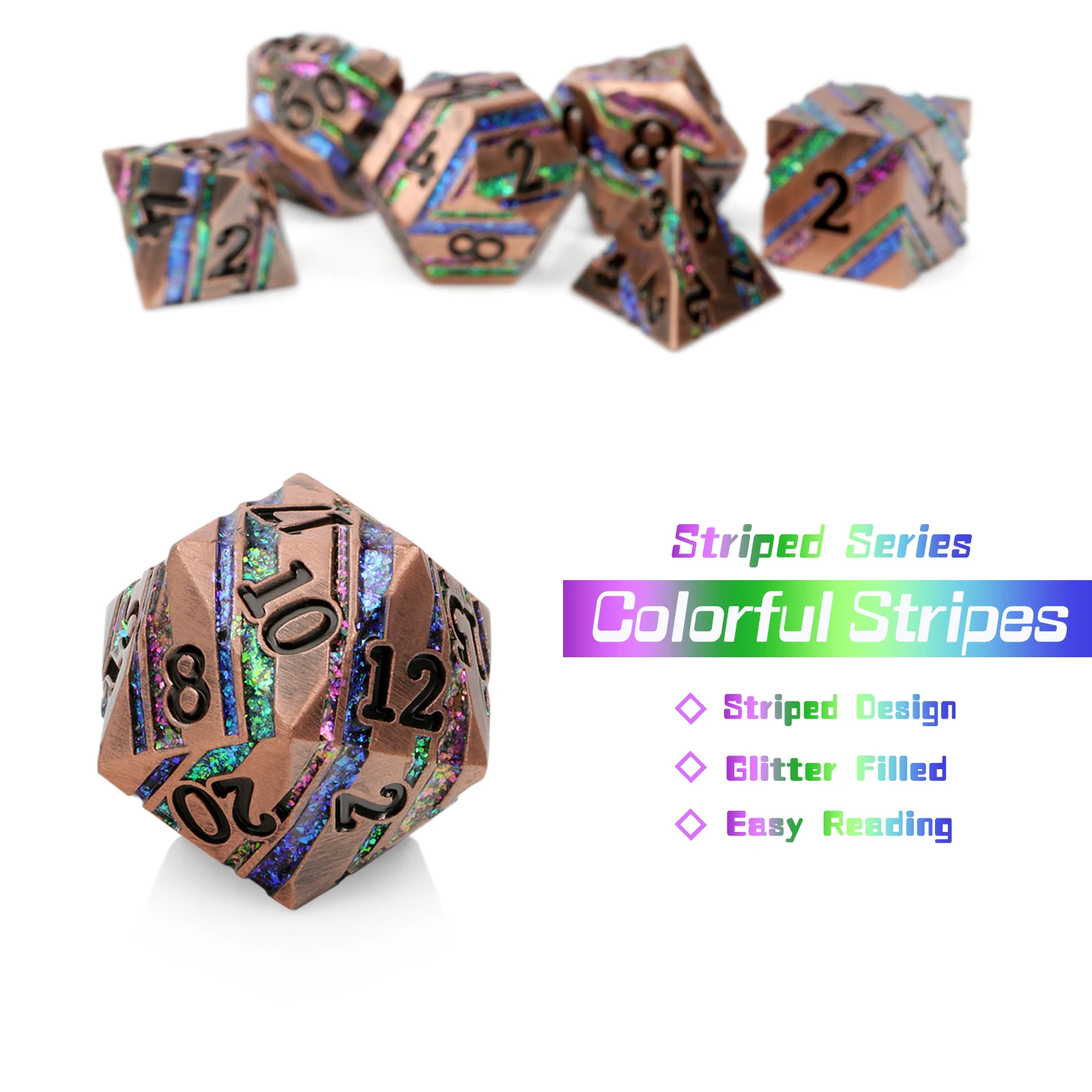 Copper Plated Polyhedral Striped Metal dice set D&D 7 die Customized Metal dnd dice Stripe RPG dice dnd for Tabletop Games