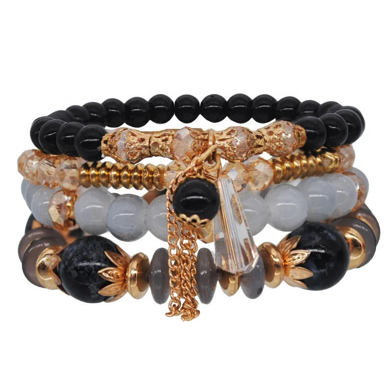 Hot Sale Bohemian Stretch Bangles Middle East Ocean Style Multi Layer Crystal Bead Natual Stone Tassel Bracelet For Girls Women