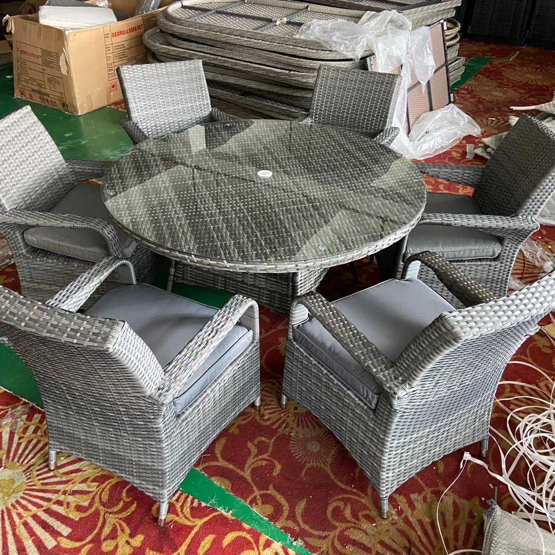 Aluminum 6 Seater Dining Chair With Round Table with Lazy Susan Grey