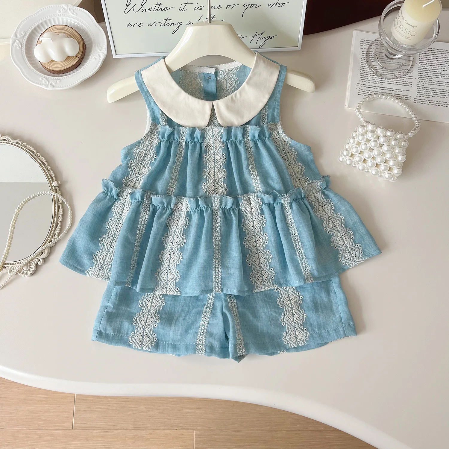 Summer Girl Outfits Doll Collar Round Neck Sleeveless Top Shorts Boutique Children Clothes Wholesale