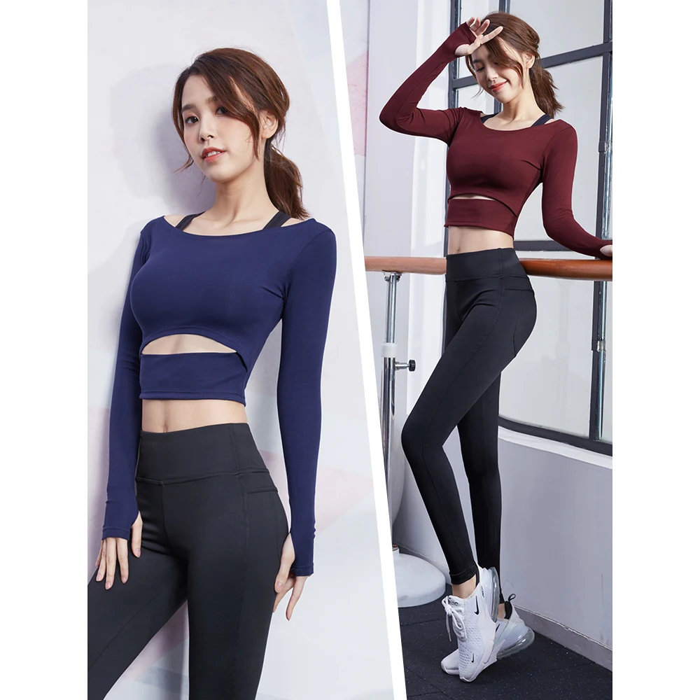 Crop Top and High Waisted Workout Leggings Set Fitness Yoga Suit Womens Long Sleeve Sportswear Fitness & Yoga Wear 1 Set