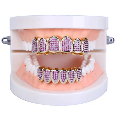 Hip Hop Teeth Grillz Micro Pave Fuchsia CZ Stone Iced Out Top Bottom Set Vampire Mouth Bling Jewelry