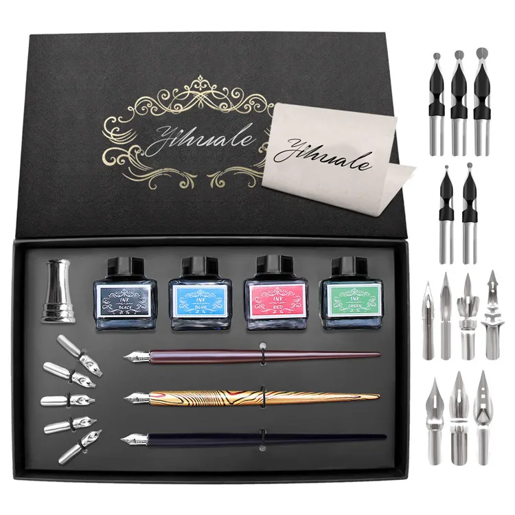 Calligraphy Pen Set - 26 Piece Kit & Case - Wood Dip Pens - 20 Nibs & 4 Ink - for Kids Adults Beginners