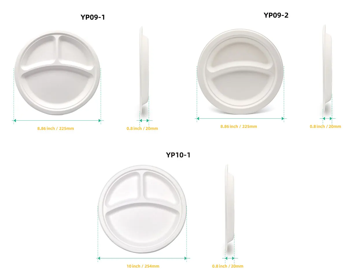9 Inch 3-Comp 100% Biodegradable & Compostable bagasse sugarcane disposable dinner plates china