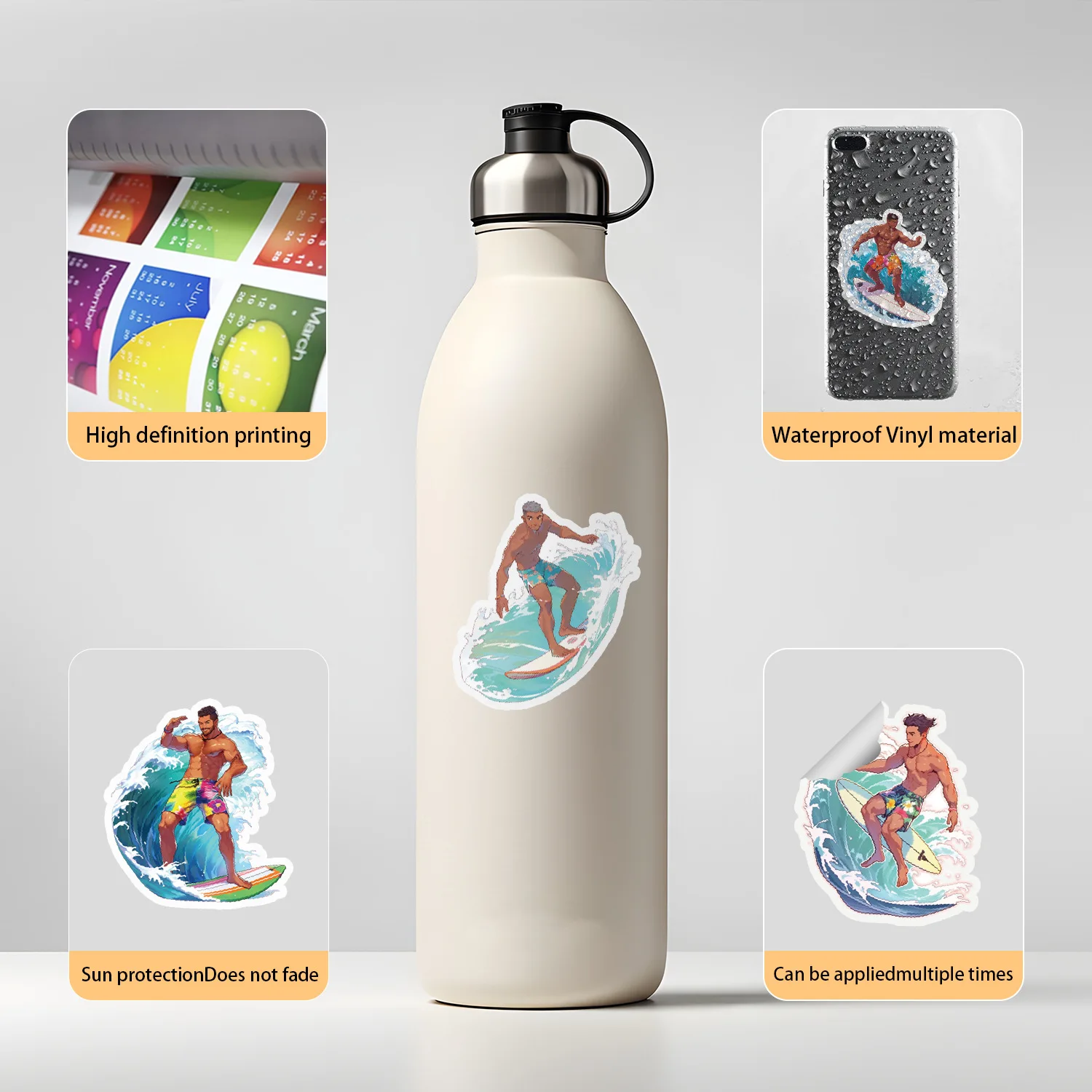 100Pcs Cartoon Handsome Man Surfing Graffiti Stickers for Bottle Phone Decor Vinyl Beach Surf Hawaii Sticker