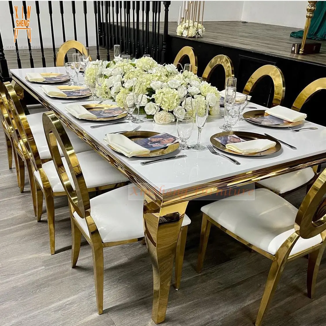 White MDF top with Gold Stainless Steel Legs Hotel Banquet Dining