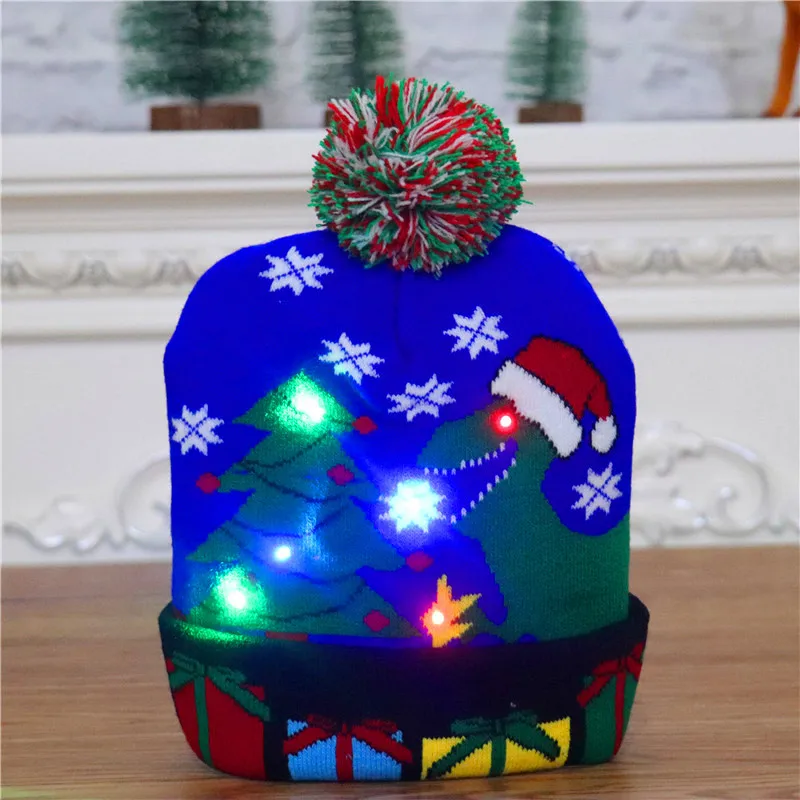 Custom Red Knit Funny Santa Party Christmas Hat Light 2024 Baby Kids Led Christmas Beanie Hats With Lights