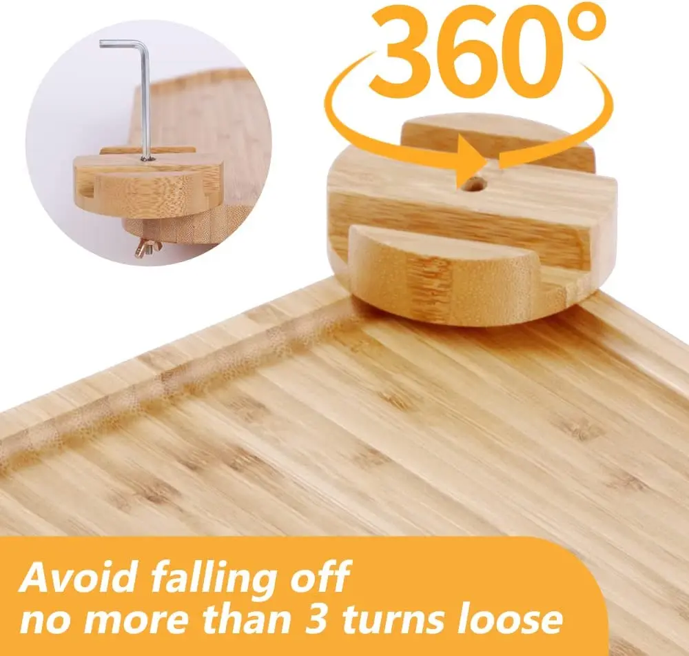 Foldable Couch Cup Holder For Couch Bamboo Couch Arm Tray with Rotating Phone Holder