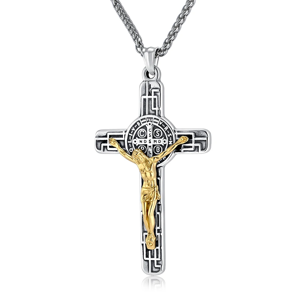 Vintage Punk Stainless Steel Two Tone St Benedict Jesus Big Pendant Necklace Women Men Religious Christian Gift Jewelry